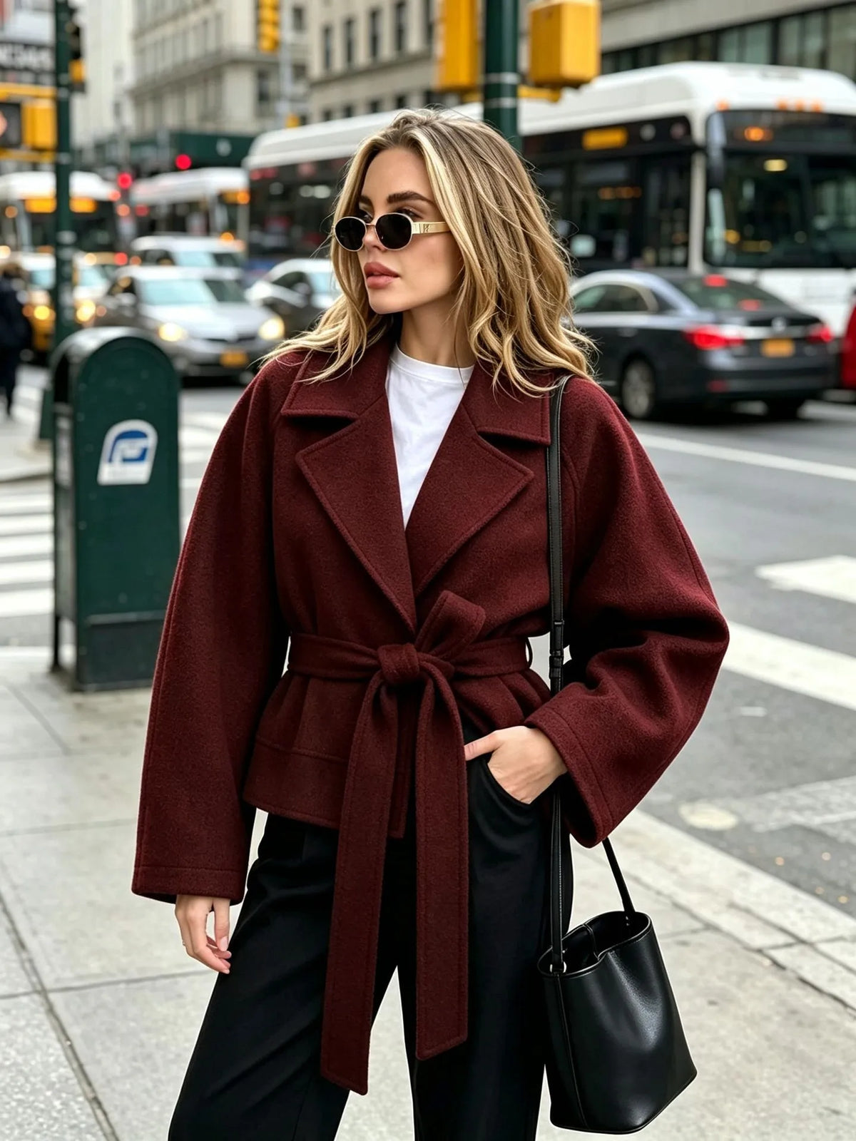 Chaqueta corta de paño con cinturón y solapas - Calina