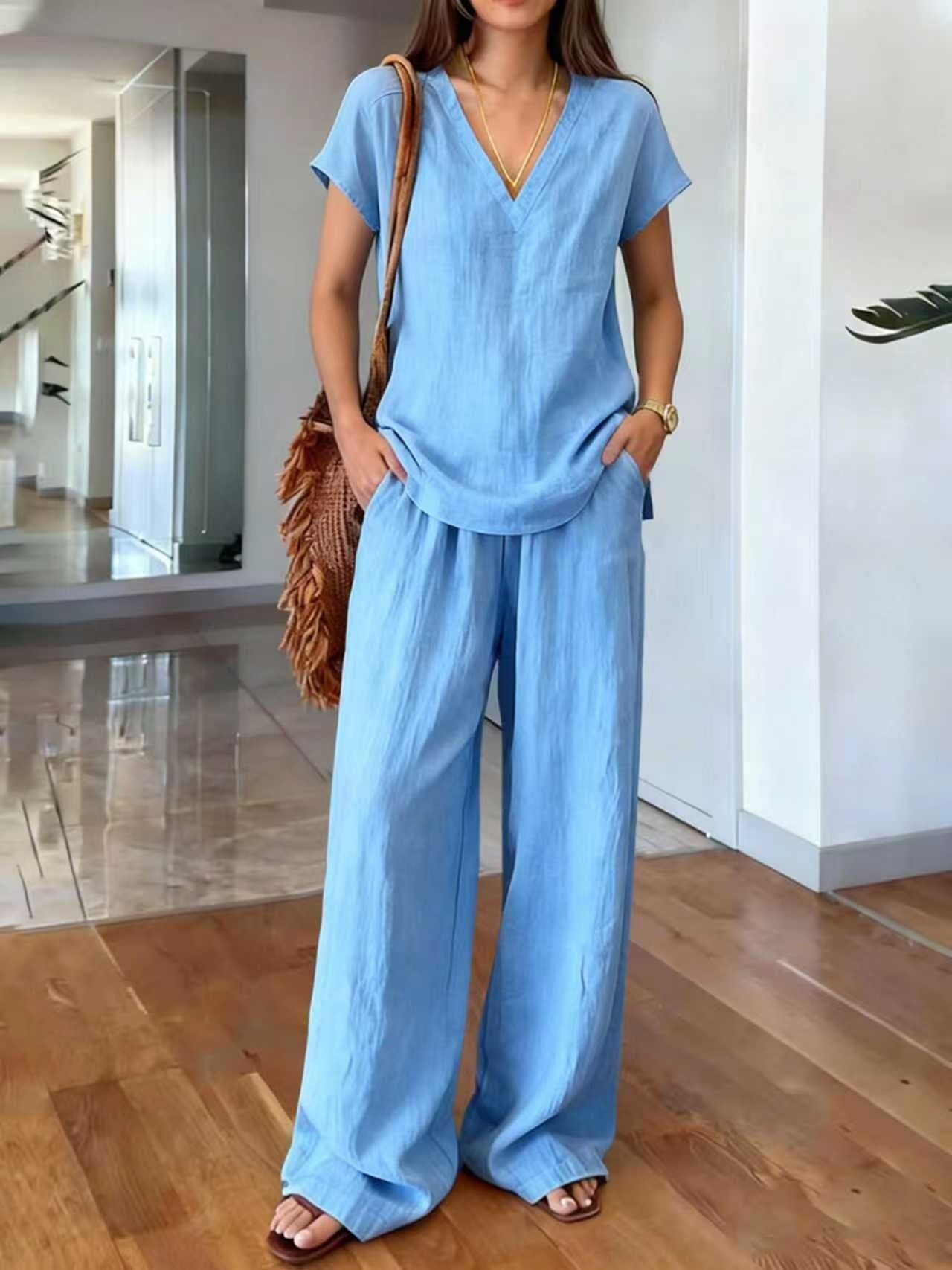 Conjunto de lino de dos piezas cuello V casual para mujer - Klarisa
