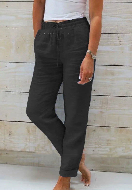 Pantalón de lino con cintura elástica y cordón para mujer - Helga