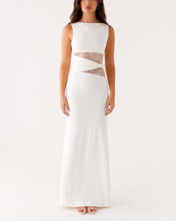 Vestido largo ajustado con detalle de encaje y drapeado lateral para mujer - Elara