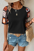 Hanna - Top de ganchillo con mangas cortas y estampado floral