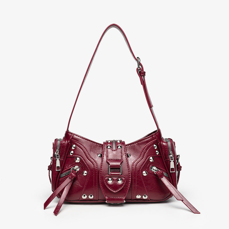 Bolso de hombro con tachuelas metálicas y bolsillos con cremallera para mujer