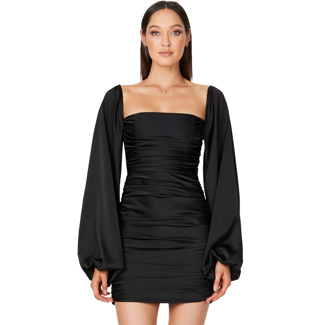 Georgia - Minivestido bodycon fruncido de satén brillante