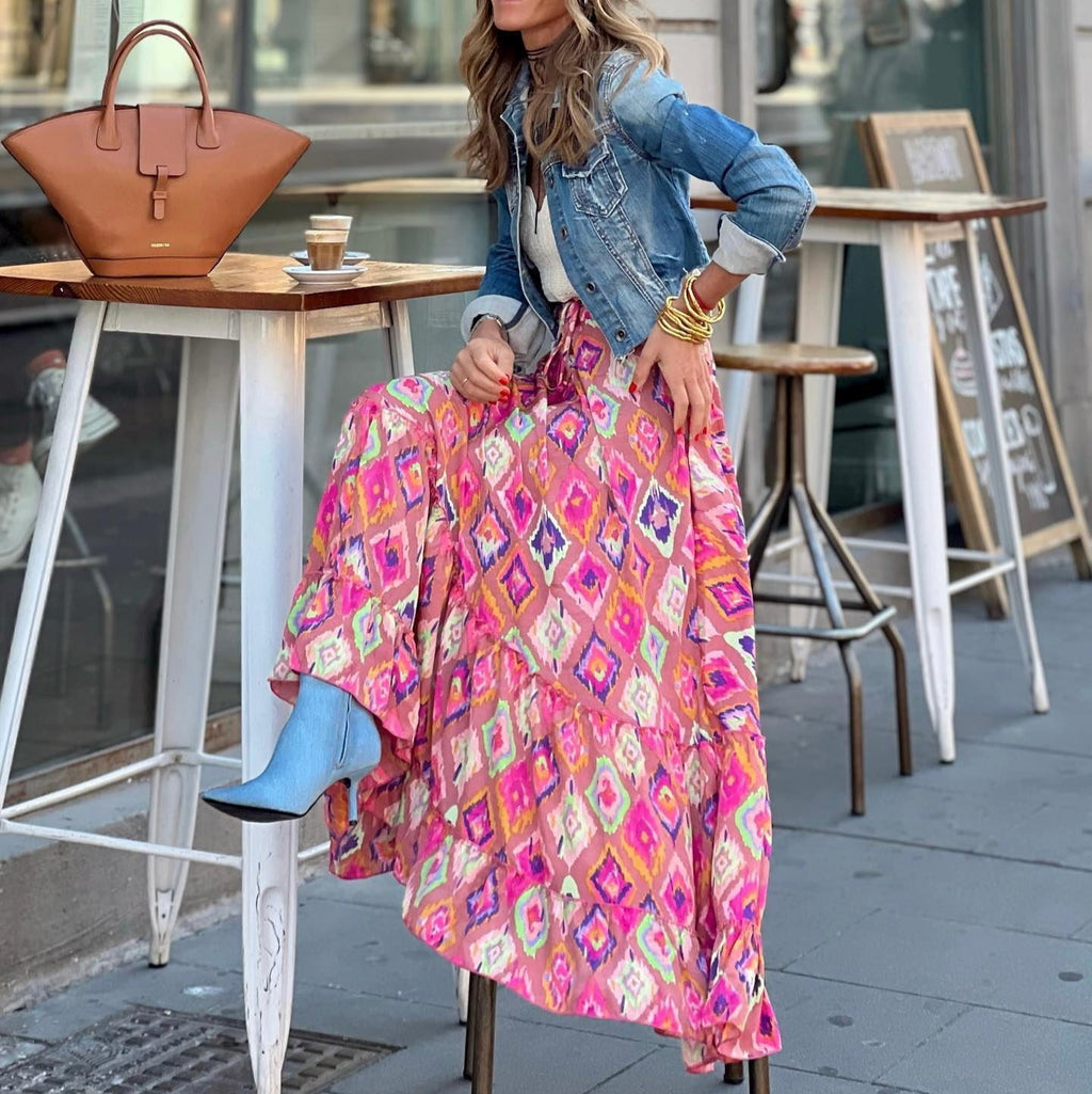 Falda larga de mujer con estampado paisley multicolor y corte bohemio - Clémence