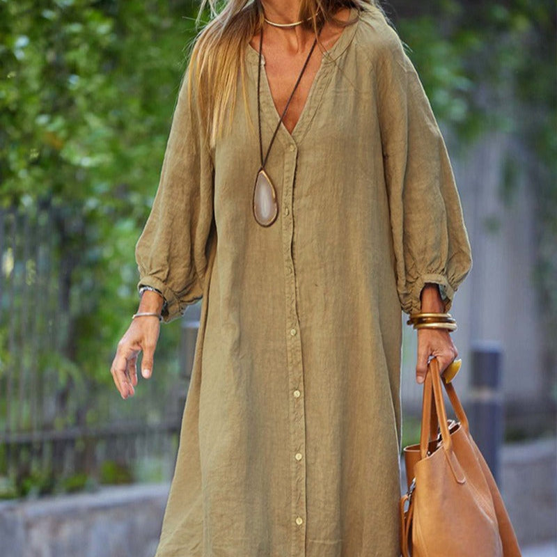 Vestido mujer lino largo abotonado estilo casual - Estela