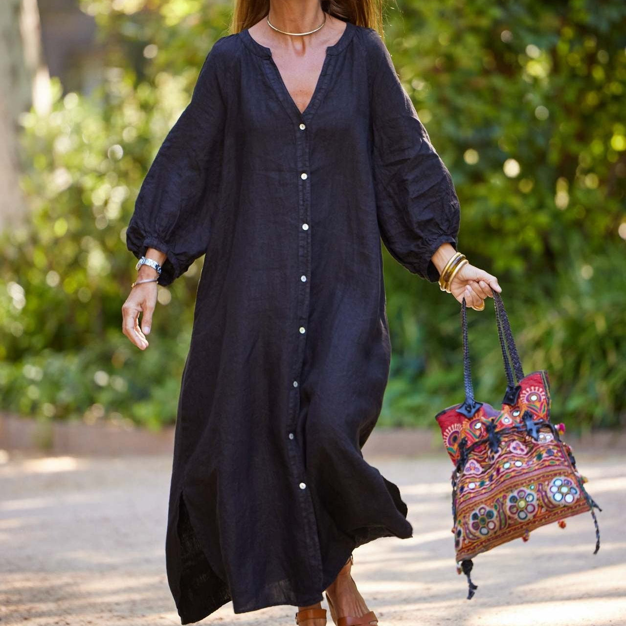 Vestido mujer lino largo abotonado estilo casual - Estela