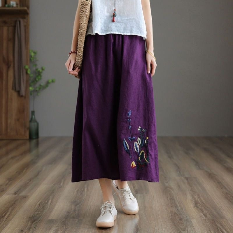 Falda midi mujer con cintura elástica y bordado floral artesanal - Amandine