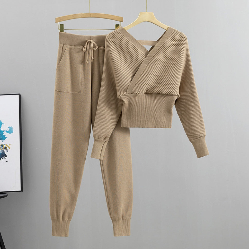 Conjunto punto mujer jersey cruzado y jogger canalé - Ilona