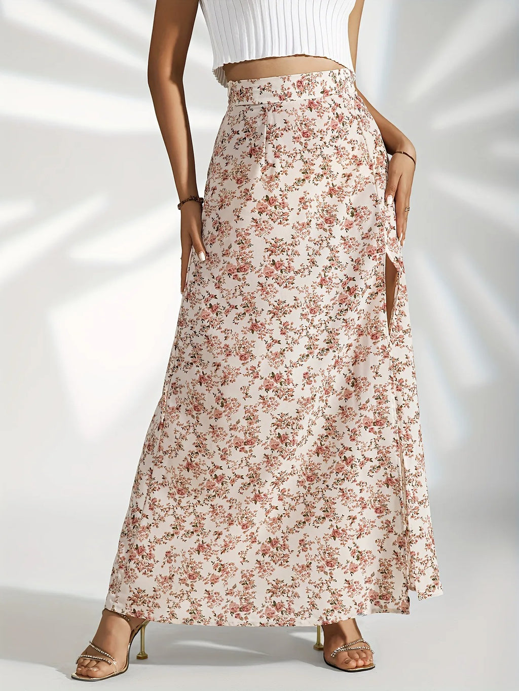 Falda larga mujer floral con abertura lateral - Celeste