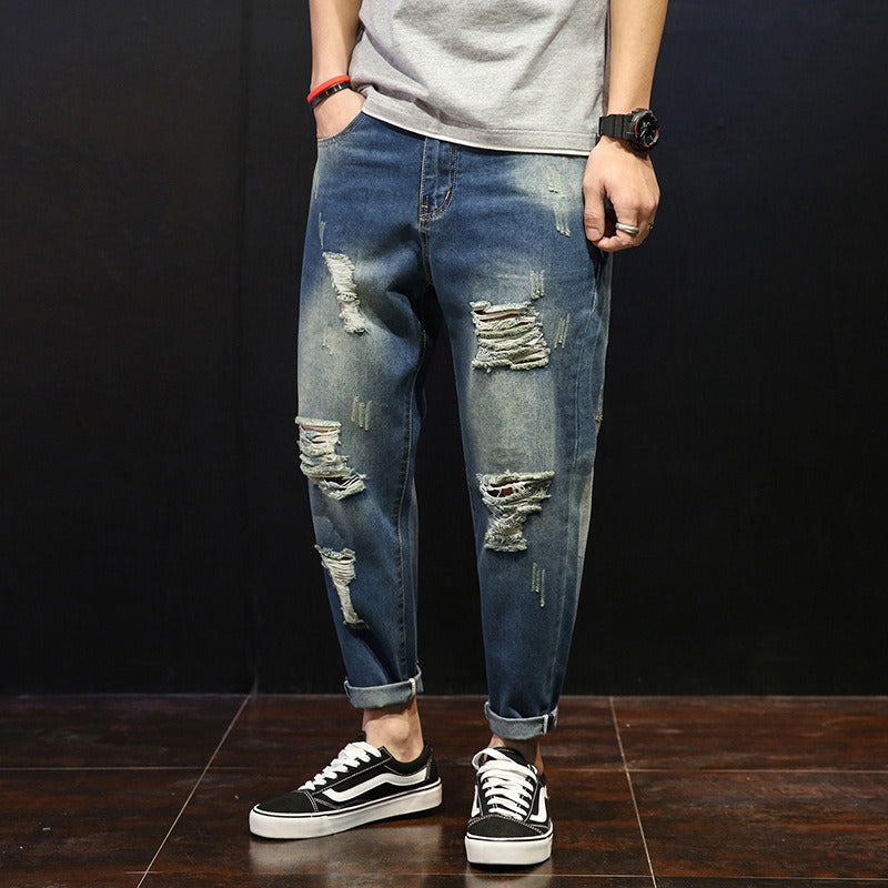 Pantalón vaquero hombre recto efecto desgastado rasgado - David