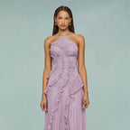 Vestido largo mujer gasa plisada asimétrico elegante - Violeta