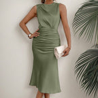 Vestido midi para mujer satén drapeado estilo entallado - Julieta