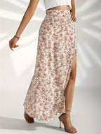 Falda larga mujer floral con abertura lateral - Celeste