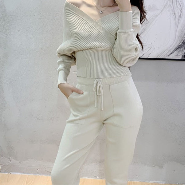 Conjunto punto mujer jersey cruzado y jogger canalé - Ilona
