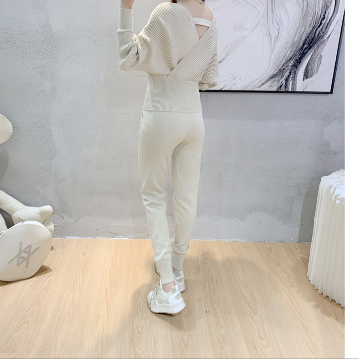 Conjunto punto mujer jersey cruzado y jogger canalé - Ilona