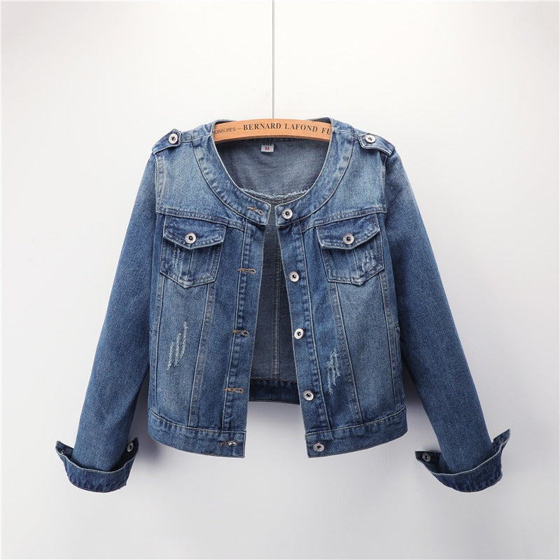 Chaqueta vaquera mujer cuello redondo bolsillos frontales - Hila