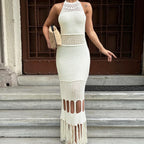 Vestido largo de punto calado cuello halter - Selinne