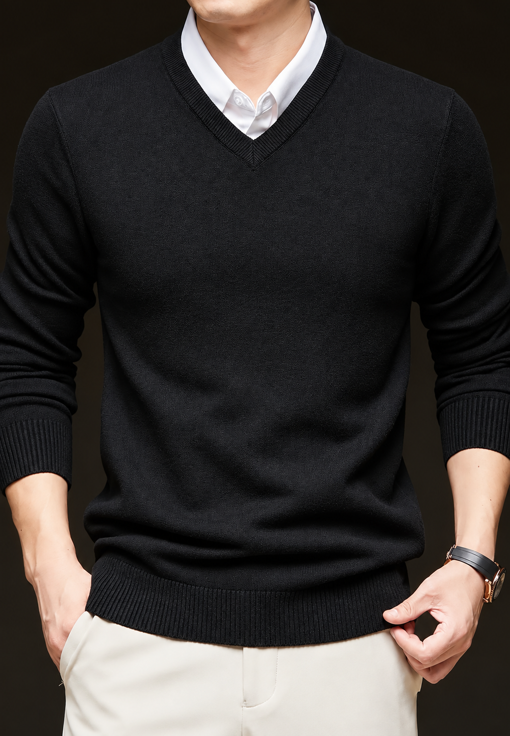 Jersey de punto hombre cuello pico manga larga - Orsino