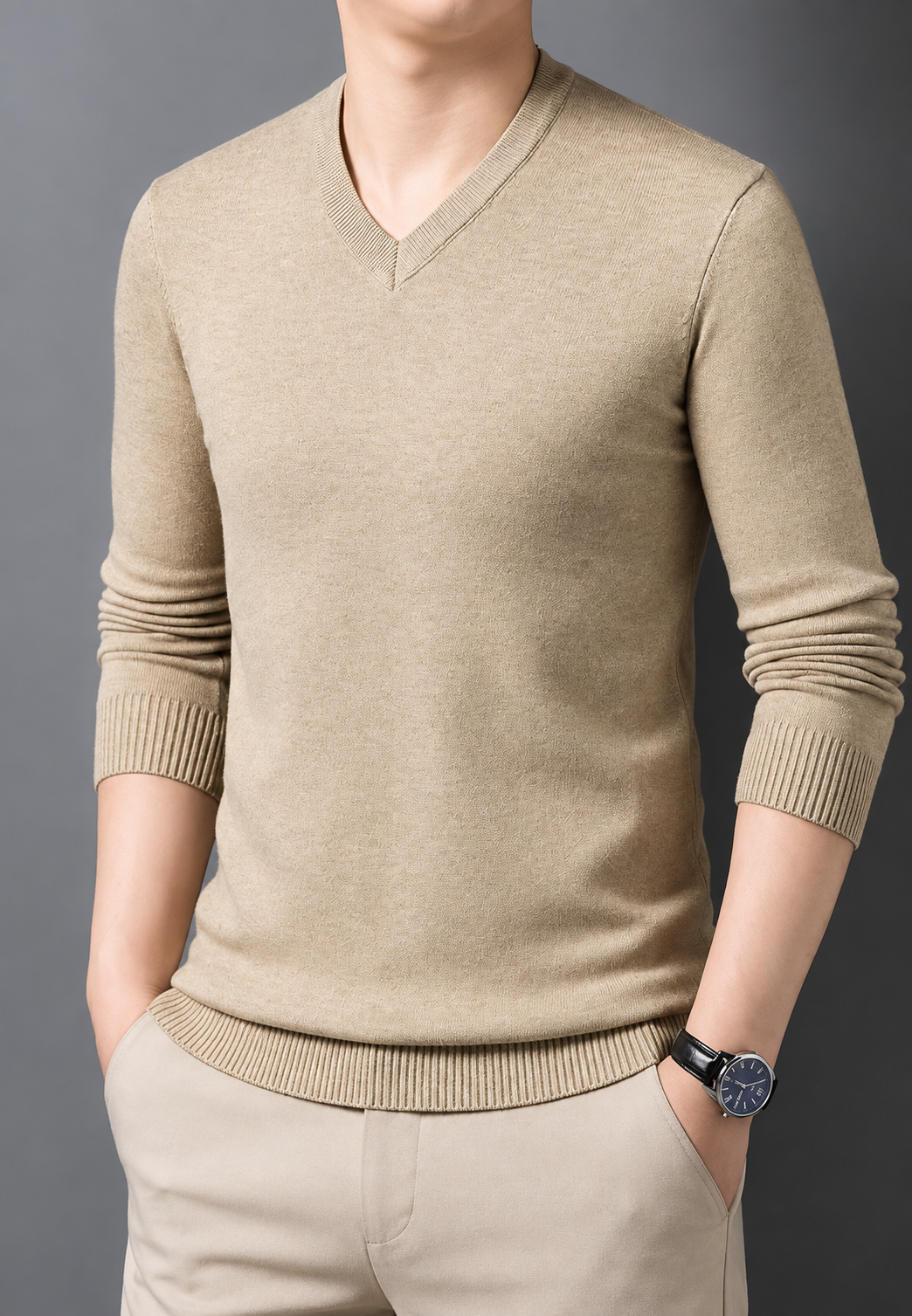 Jersey de punto hombre cuello pico manga larga - Orsino