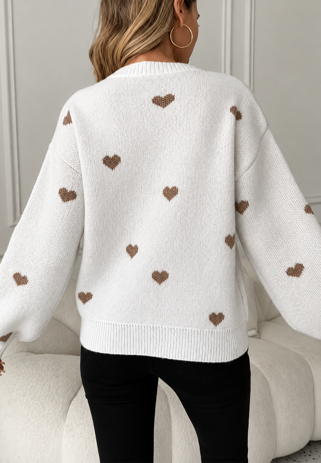Jersey de punto mujer corazones bordados cuello redondo - Candela