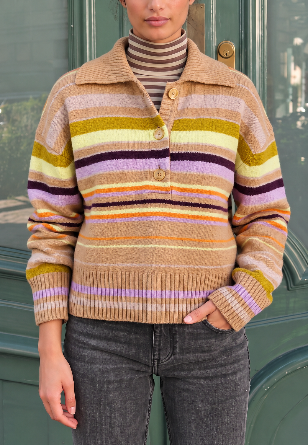 Jersey de punto mujer rayas multicolor cuello polo botones - Tiziana