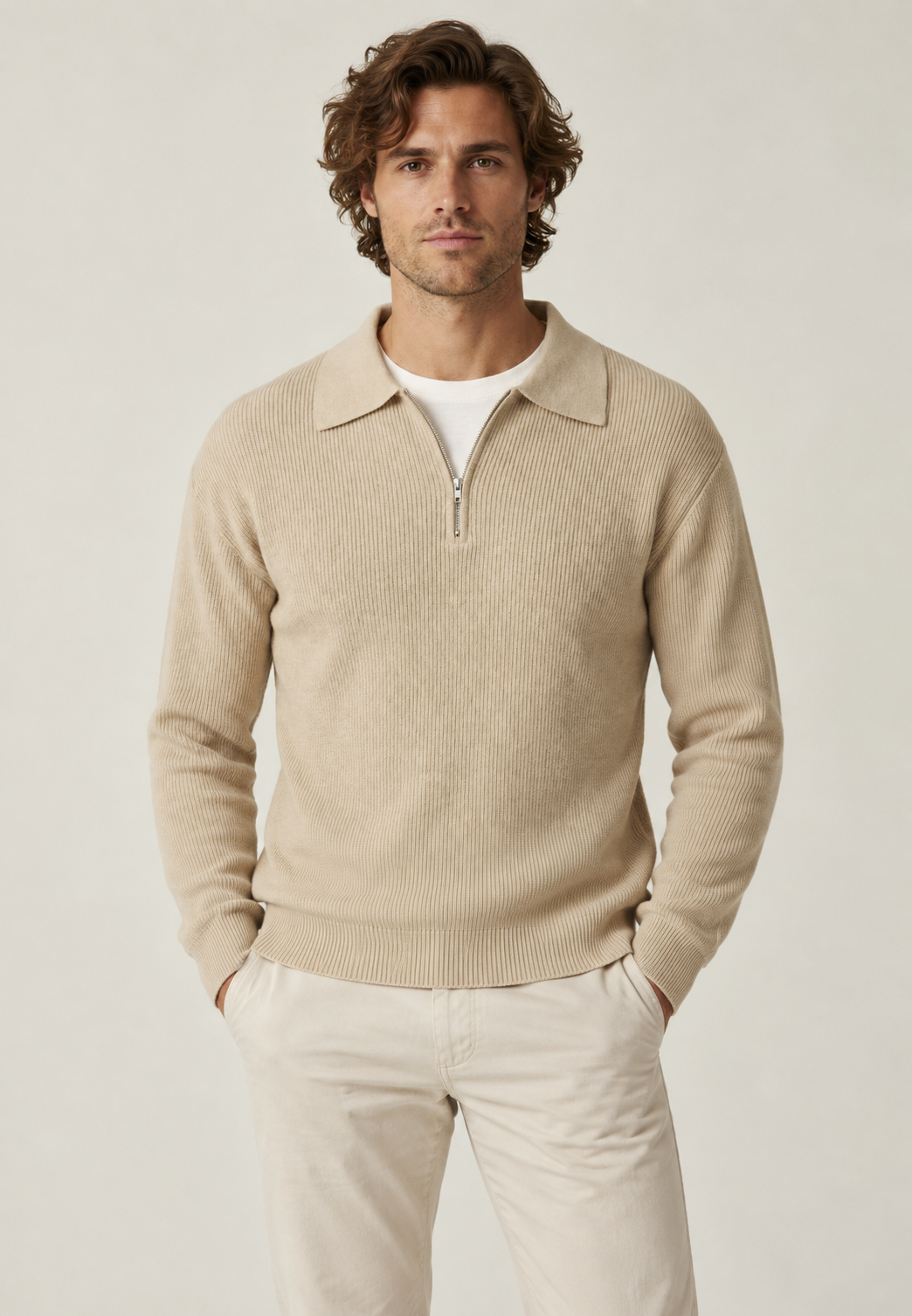 Jersey hombre cuello polo media cremallera punto canalé - Ilan