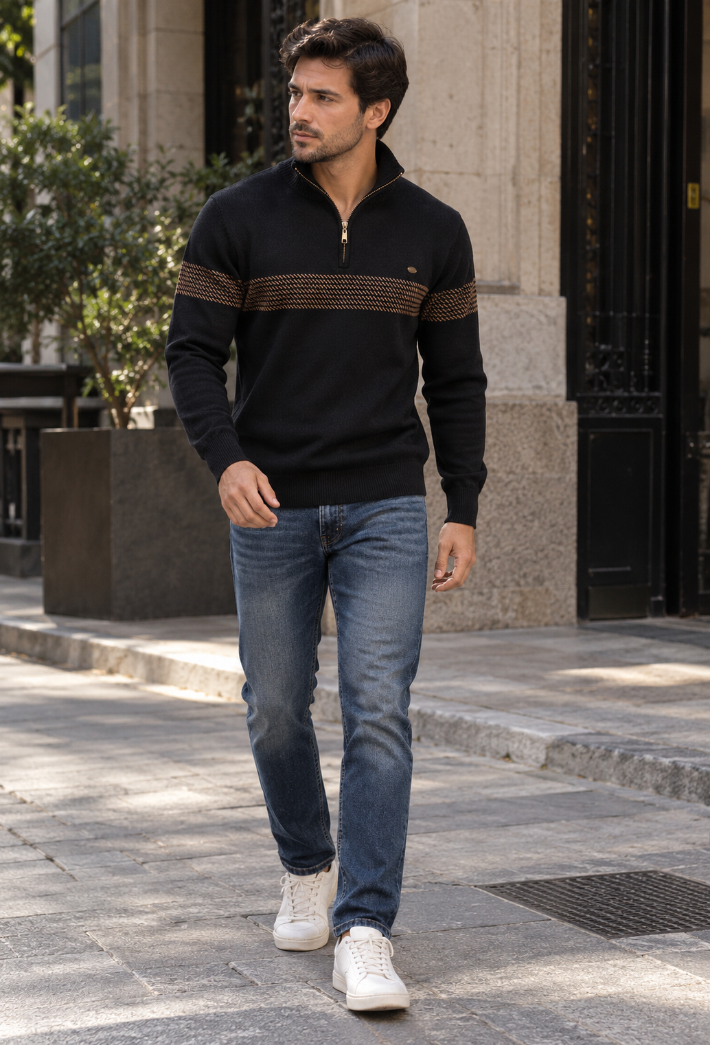 Jersey hombre media cremallera cuello alto franja geométrica - Nolan