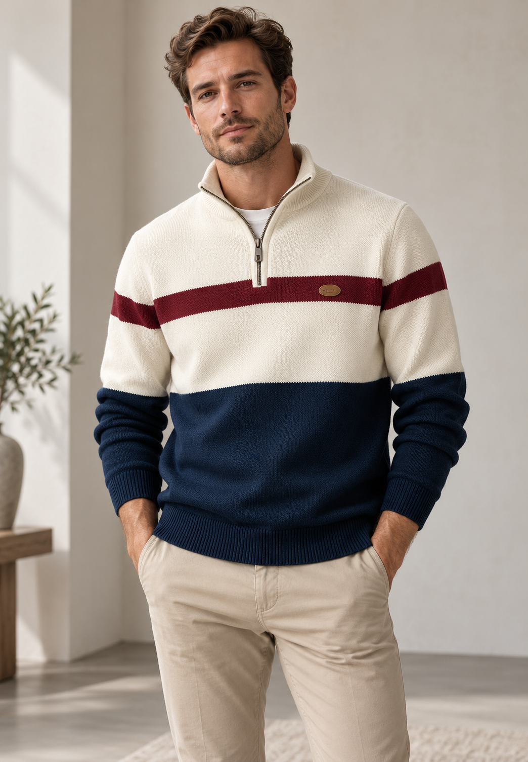 Jersey hombre media cremallera cuello alto franjas horizontales - Auden