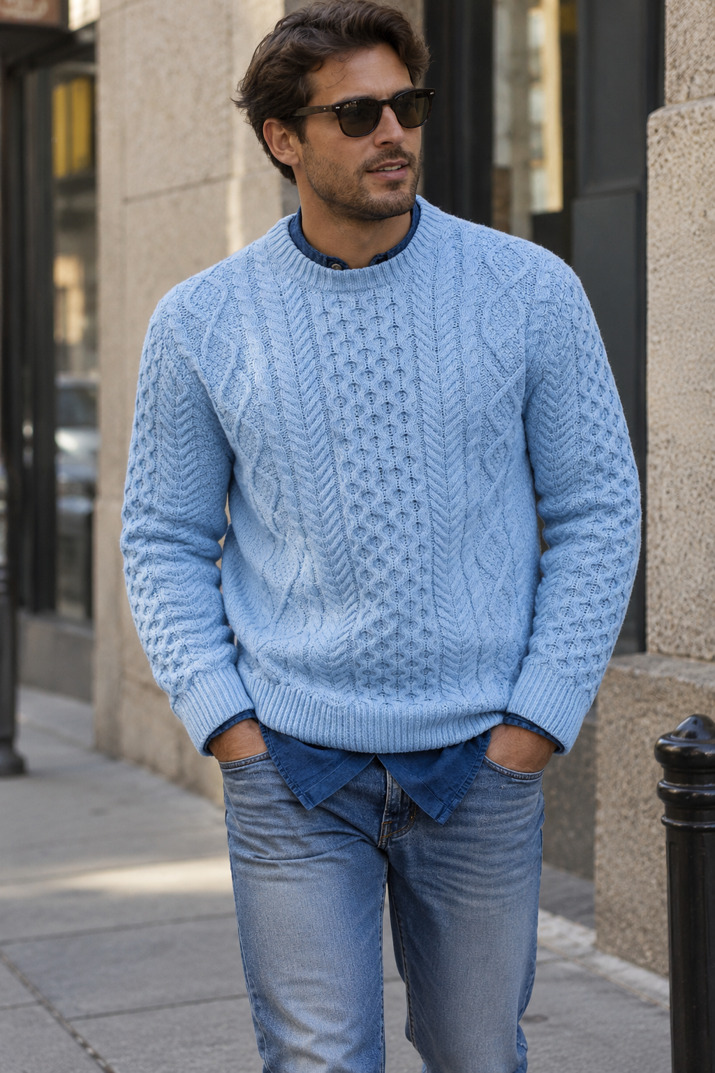 Jersey hombre punto trenzado cuello redondo manga larga - Bastien