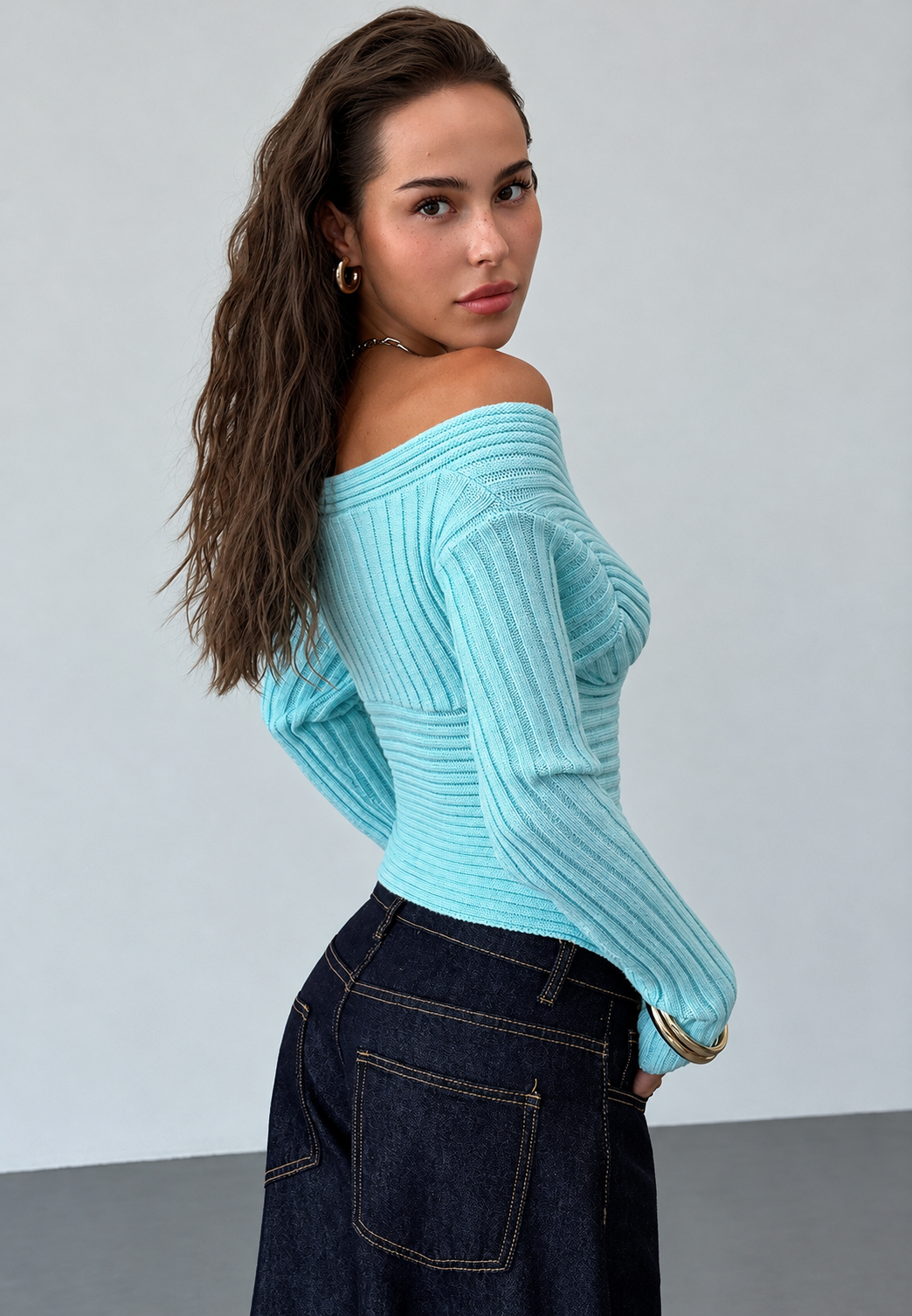 Jersey mujer canalé hombros descubiertos escote cruzado corte entallado - Ariadna