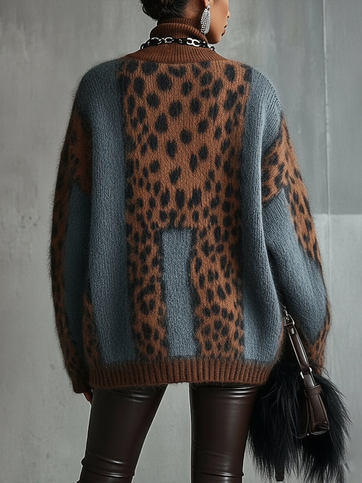 Jersey mujer cuello alto estampado leopardo oversize - Linnea