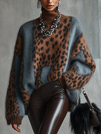 Jersey mujer cuello alto estampado leopardo oversize - Linnea