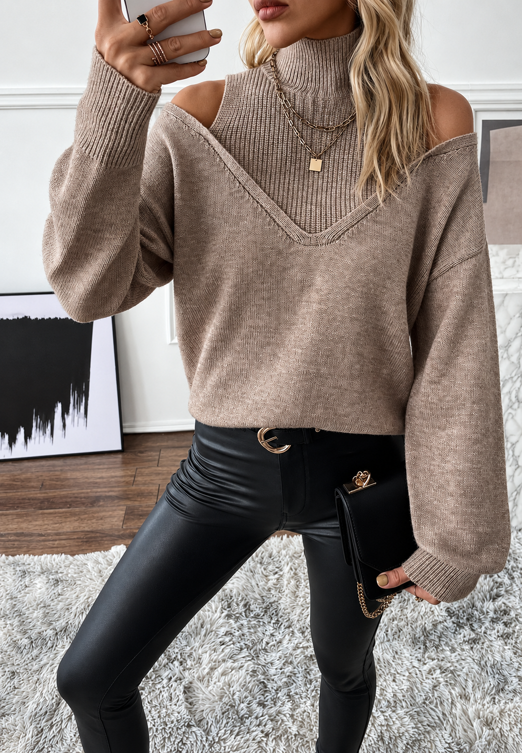 Jersey mujer cuello alto hombros descubiertos efecto doble capa - Mirevna