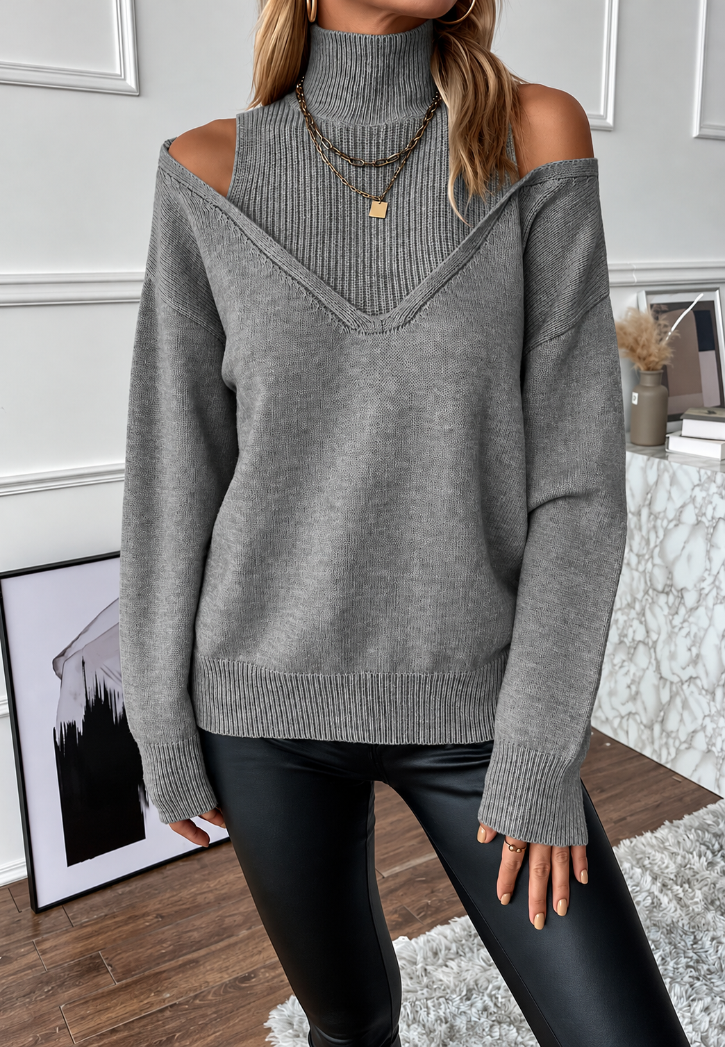 Jersey mujer cuello alto hombros descubiertos efecto doble capa - Mirevna