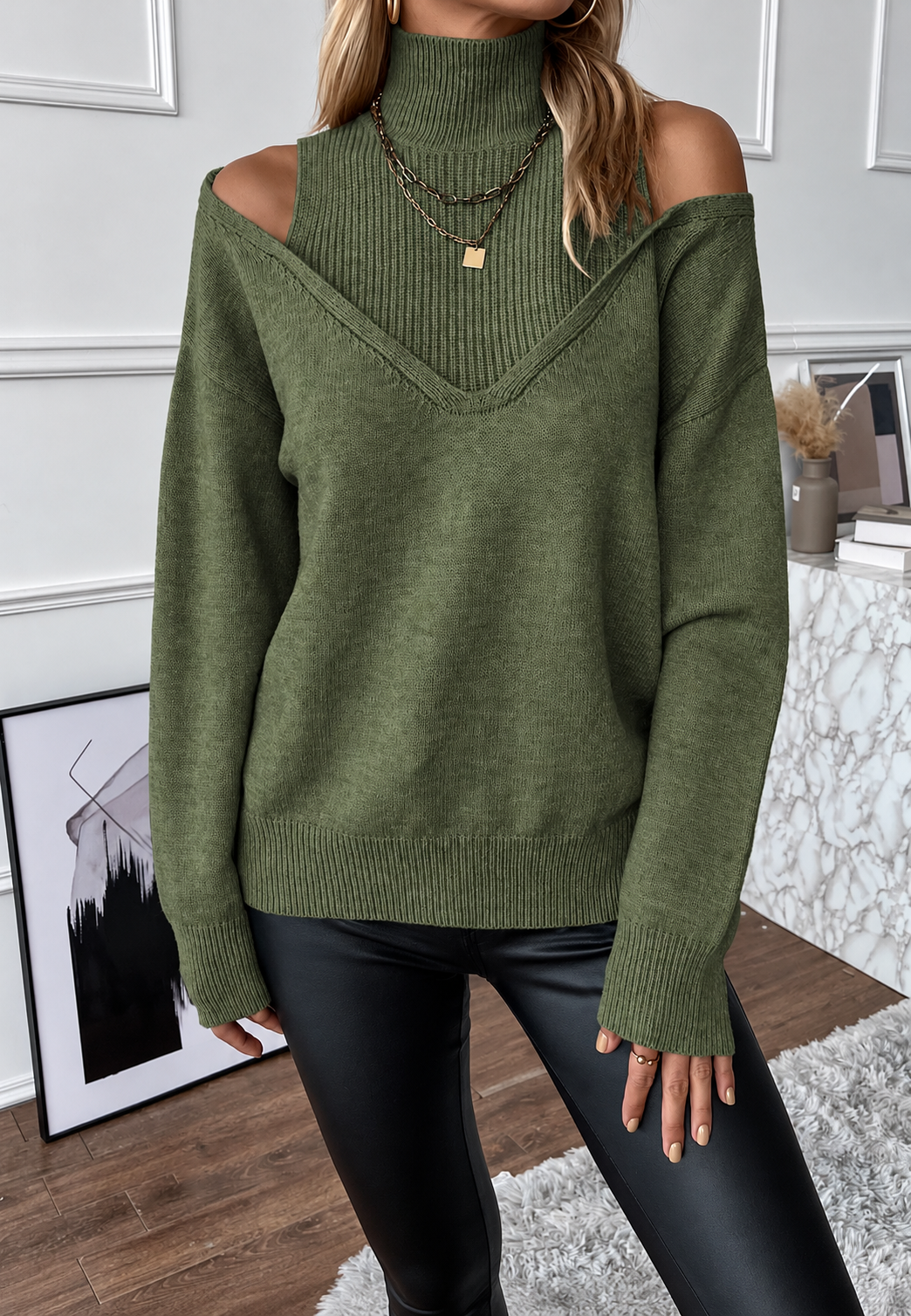 Jersey mujer cuello alto hombros descubiertos efecto doble capa - Mirevna
