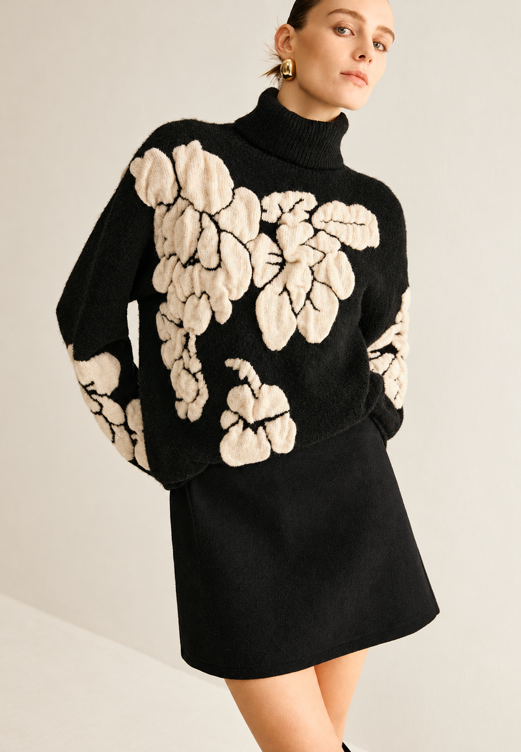 Jersey mujer cuello alto jacquard floral corte amplio - Briseida