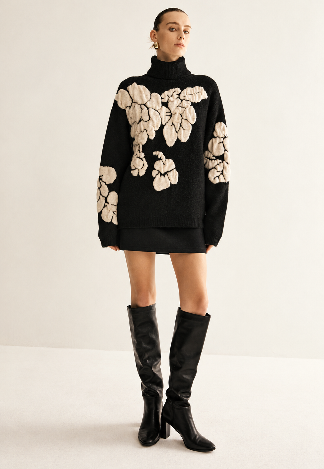 Jersey mujer cuello alto jacquard floral corte amplio - Briseida