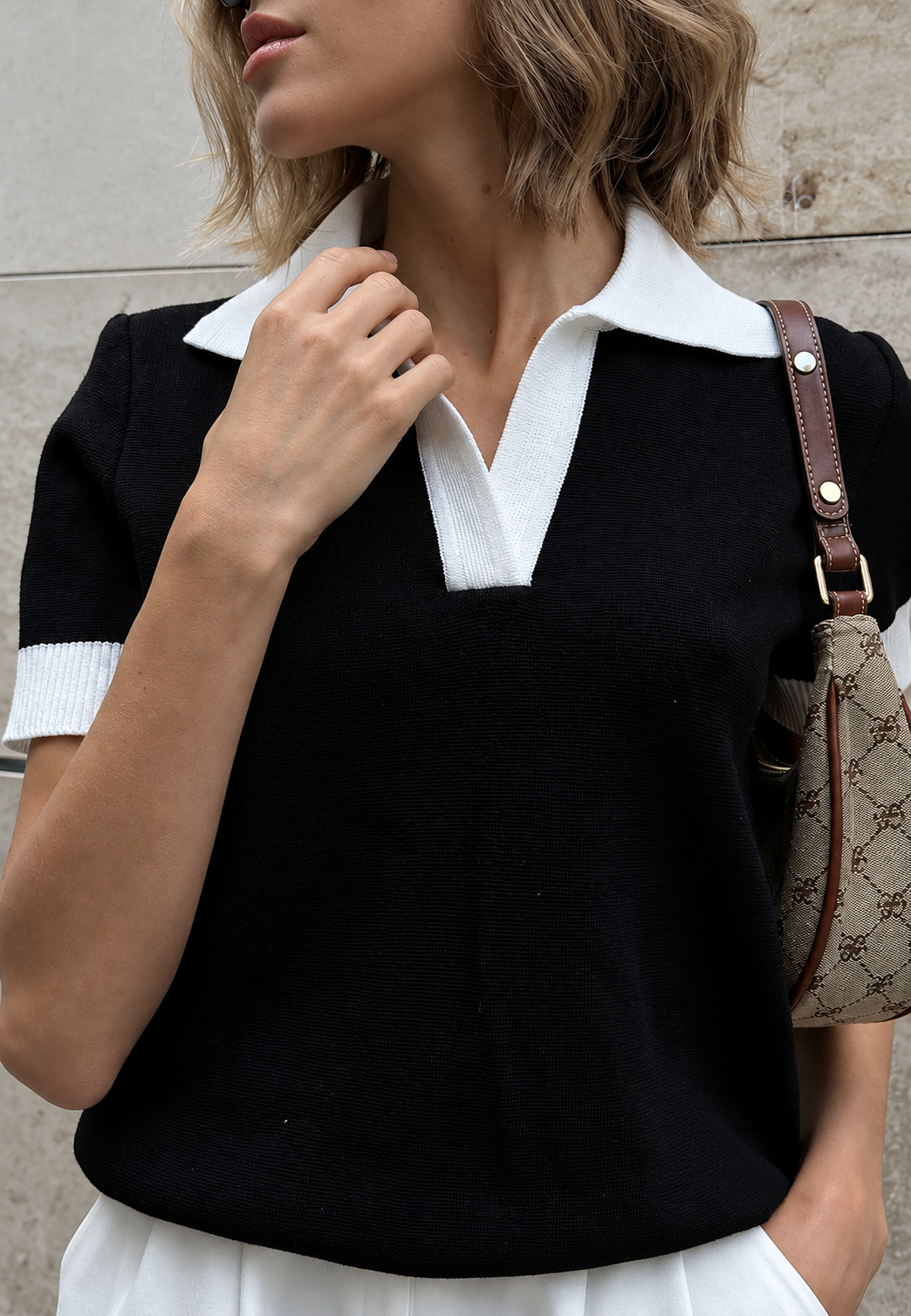 Jersey mujer cuello polo manga corta ribetes contraste - Sabela
