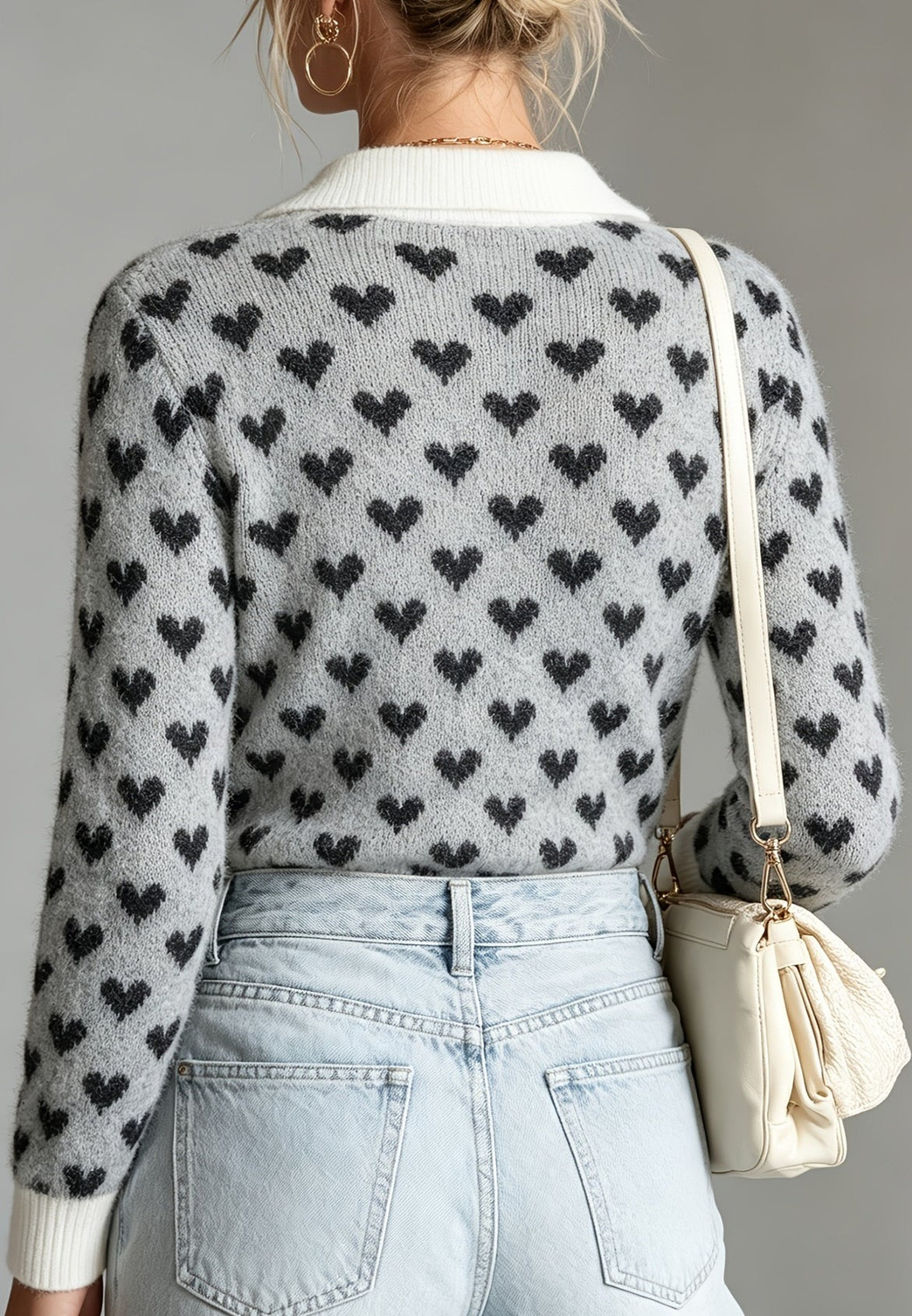 Jersey mujer estampado corazones cuello polo escote pico manga larga - Nerina