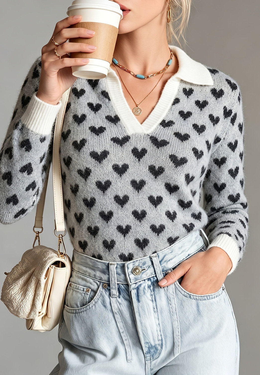 Jersey mujer estampado corazones cuello polo escote pico manga larga - Nerina