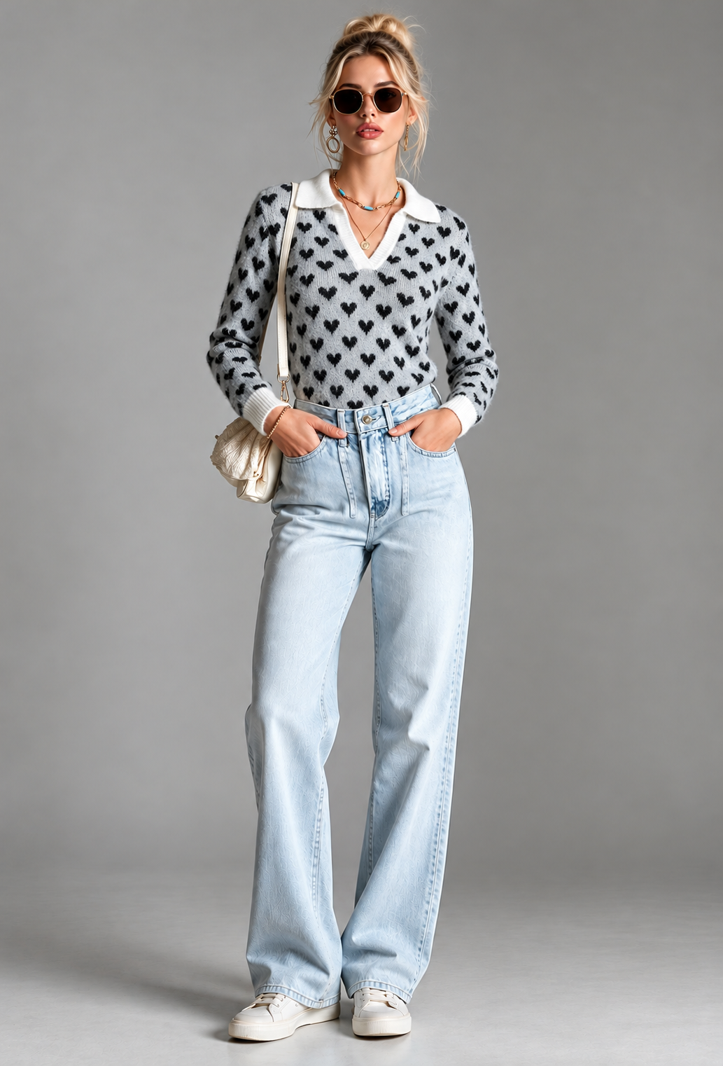 Jersey mujer estampado corazones cuello polo escote pico manga larga - Nerina