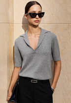 Jersey mujer punto fino cuello polo manga corta escote pico - Lidia