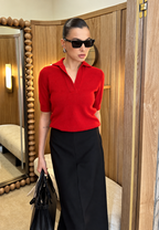 Jersey mujer punto fino cuello polo manga corta escote pico - Lidia