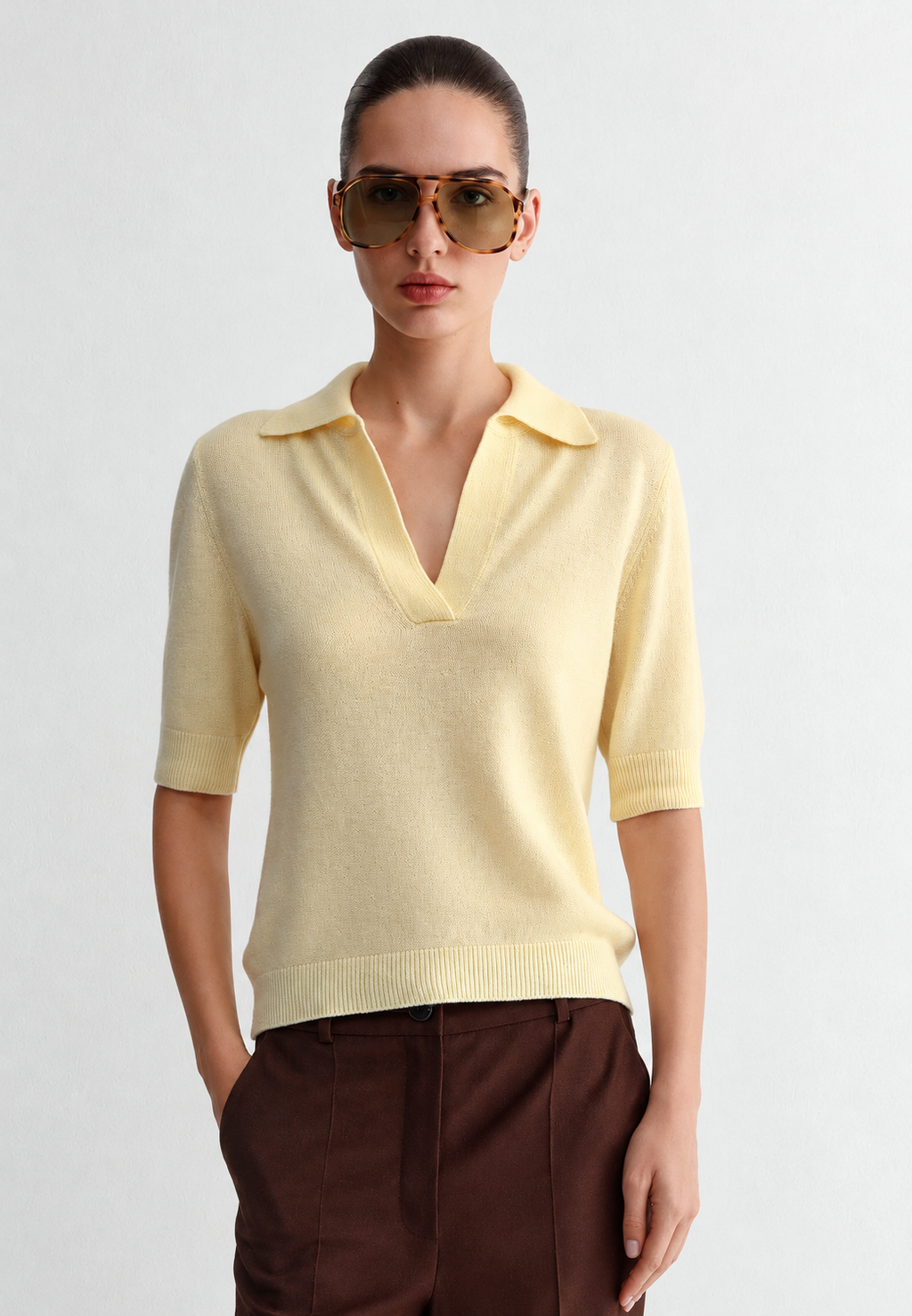 Jersey mujer punto fino cuello polo manga corta escote pico - Lidia