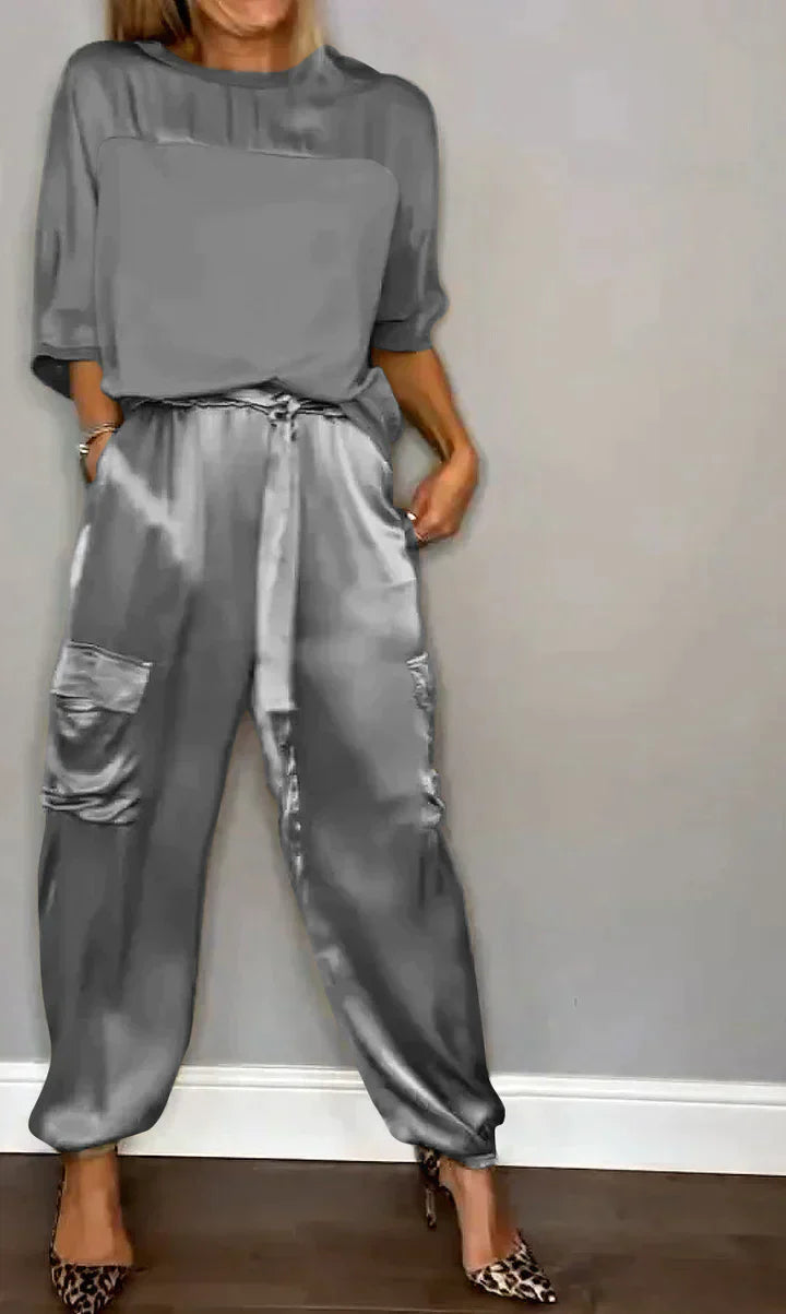Yana - Traje de dos piezas en satén liso con top y pantalón semilargo para mujer
