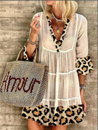 Leona - Vestido de moda de lino con estampado de leopardo y patchwork de algodón