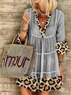 Leona - Vestido de moda de lino con estampado de leopardo y patchwork de algodón