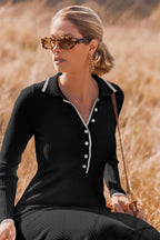Lauren - Vestido midi de punto con cuello y tapeta de botones