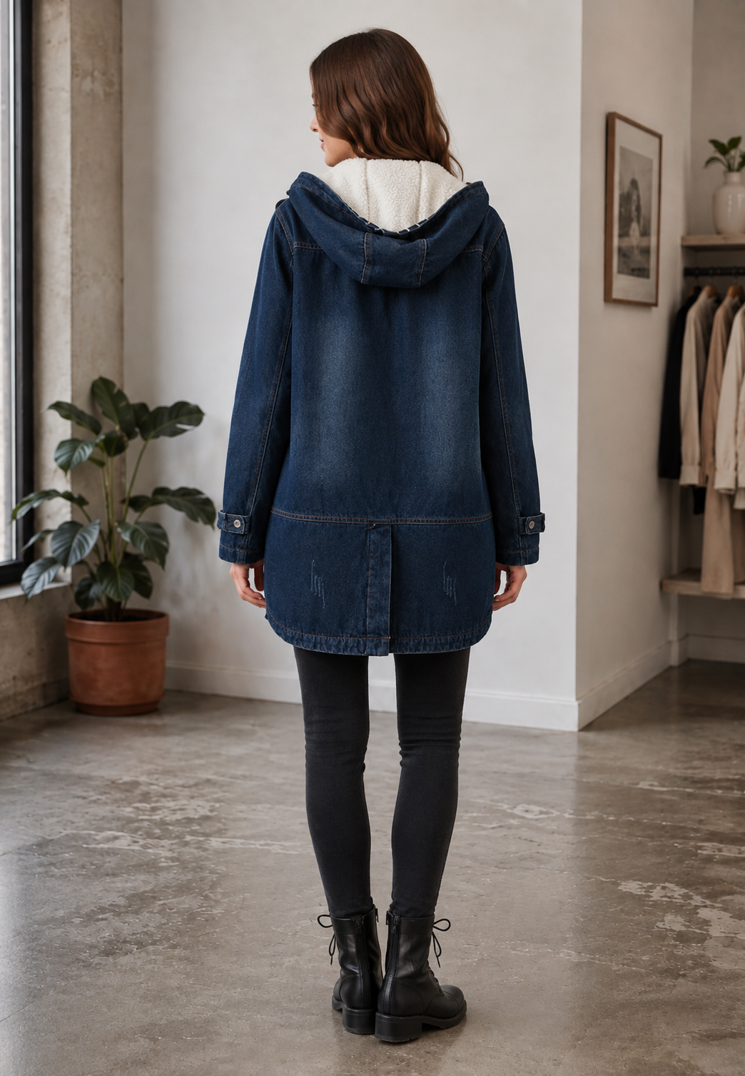 Parka denim larga capucha forro efecto borreguito - Freja