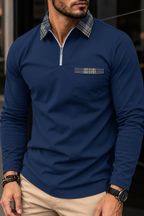 Polo hombre manga larga media cremallera cuello de cuadros - Sören
